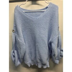 Light Blue Cold Shoulder Chunky Knit V-Neck Sweater with Tied Sleeve Detail L